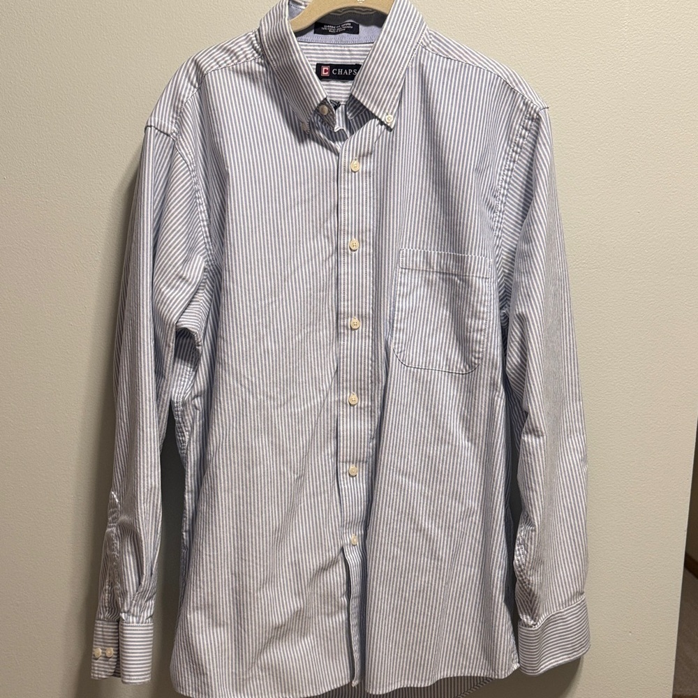 Chaps Blue and White Striped Button Down Shirt
